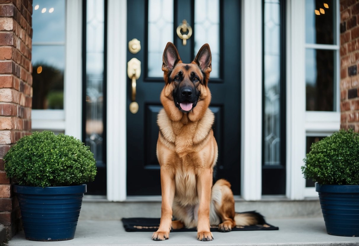 A German Shepherd stands guard at the front door, alert and watchful, ears perked and tail raised, ready to protect its home