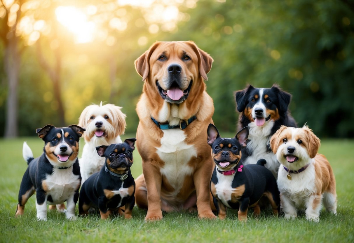 A large, friendly dog surrounded by various smaller dogs of different breeds, all peacefully coexisting and playing together