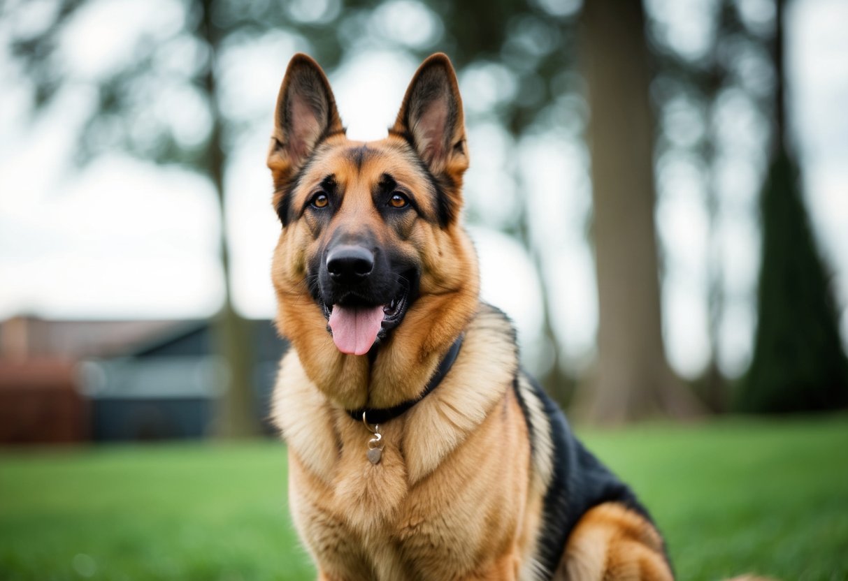A loyal and protective German Shepherd stands guard, alert and focused, with a strong and confident presence