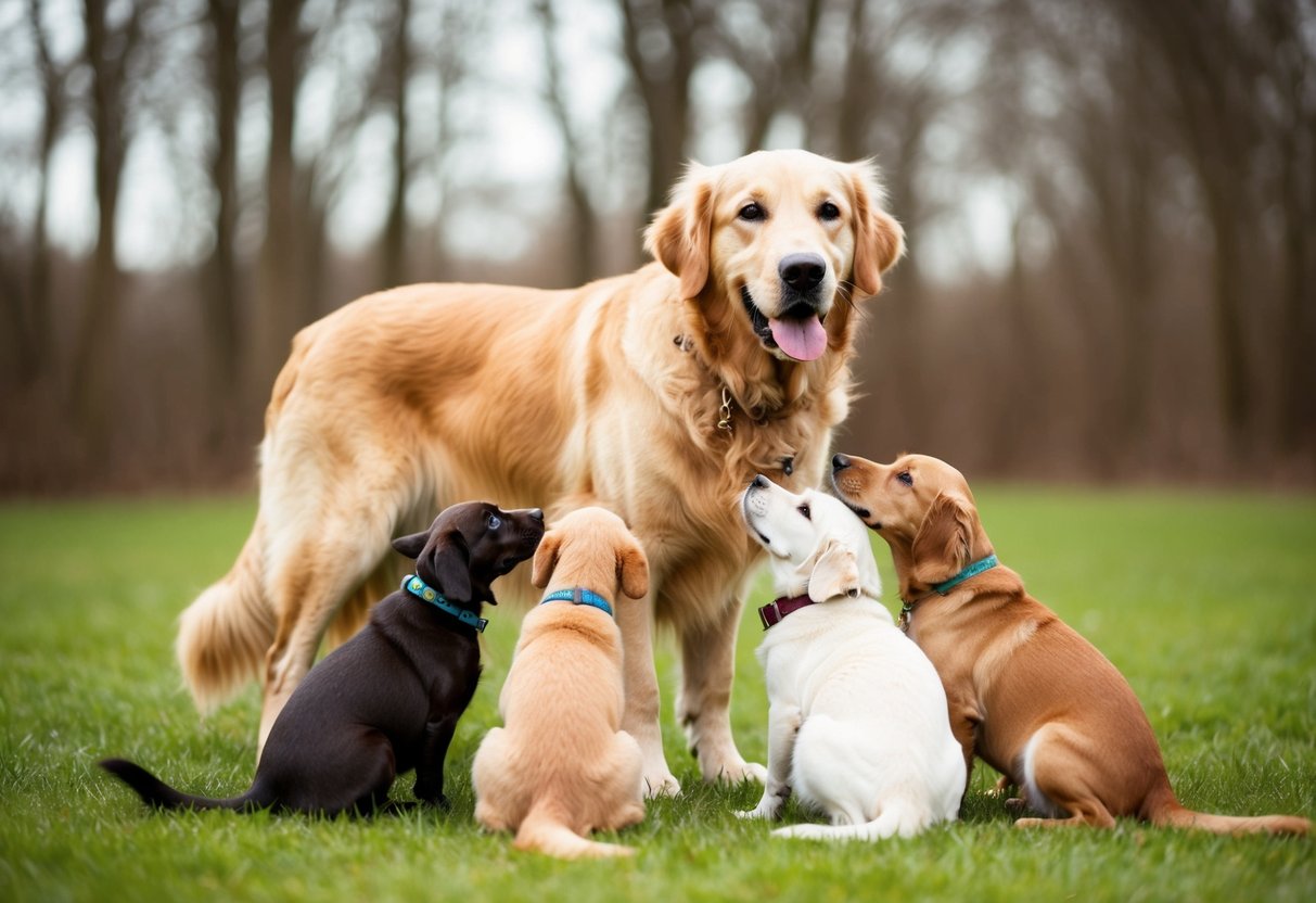 A golden retriever calmly interacts with various animals, showcasing its tolerant nature