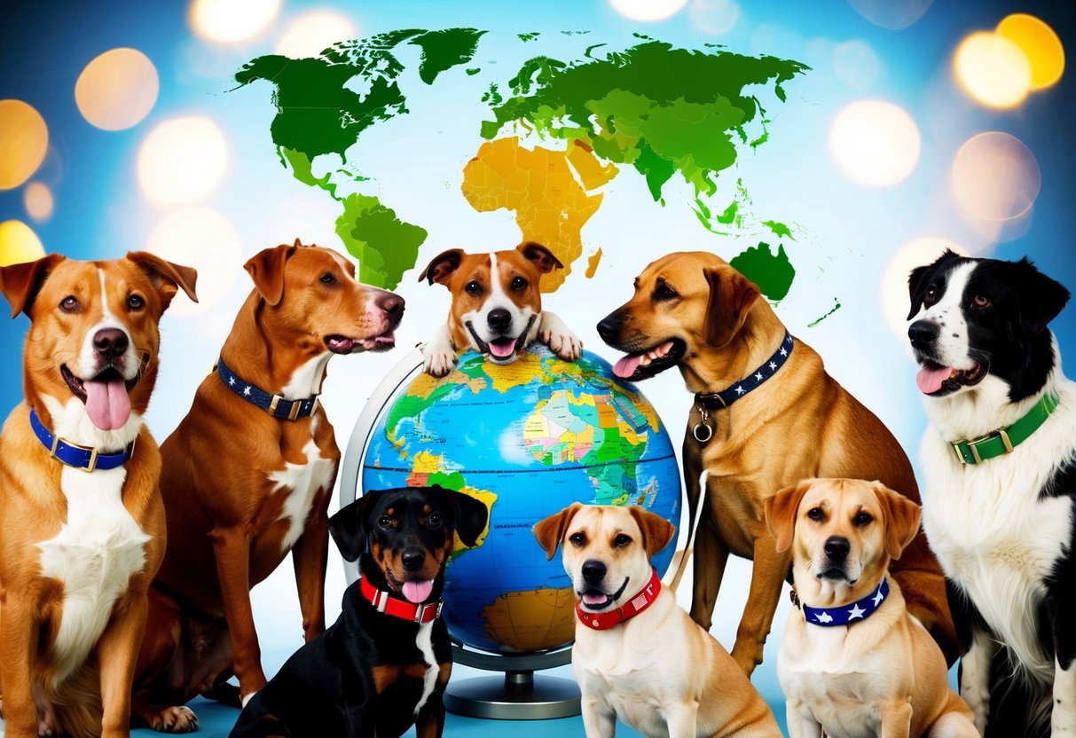 A pack of diverse dogs gather around a globe, each with a unique collar representing their country