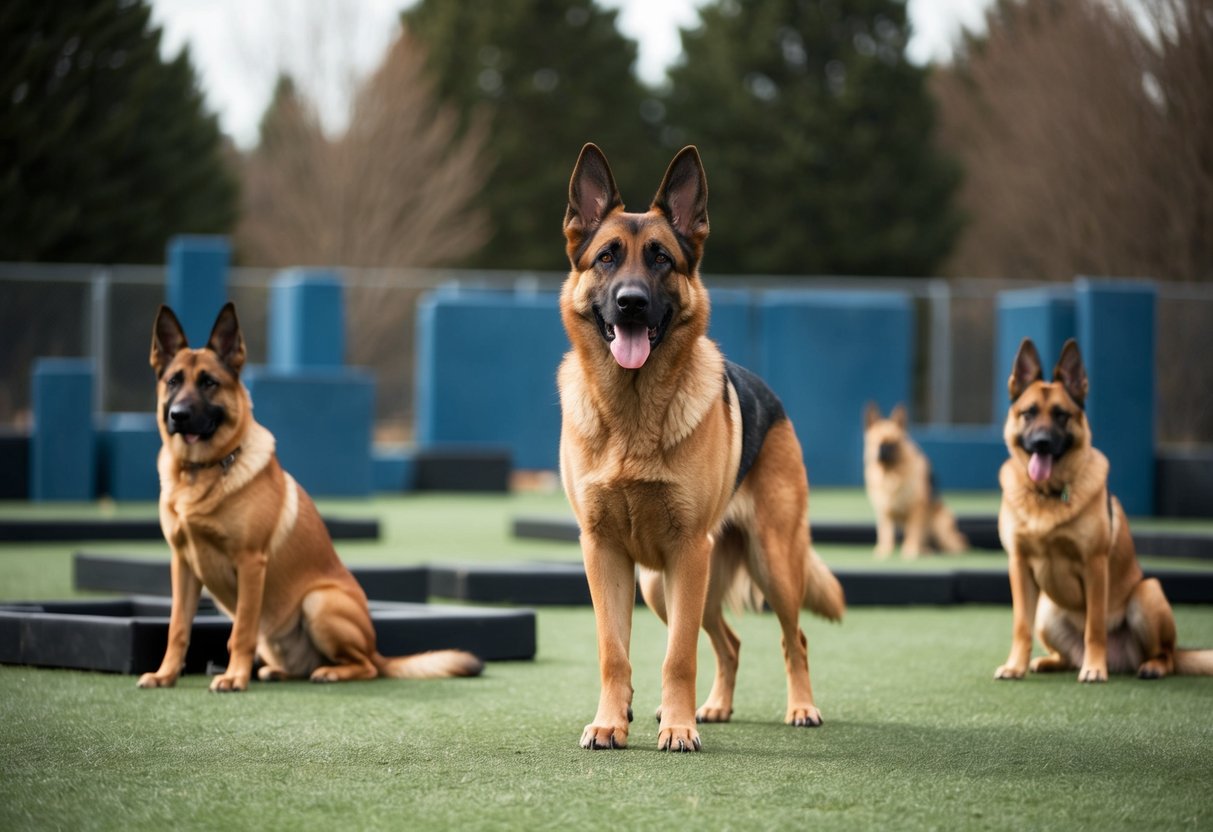 A German Shepherd stands alert, ears perked, in a training yard surrounded by obstacles. Other protective dogs sit obediently nearby