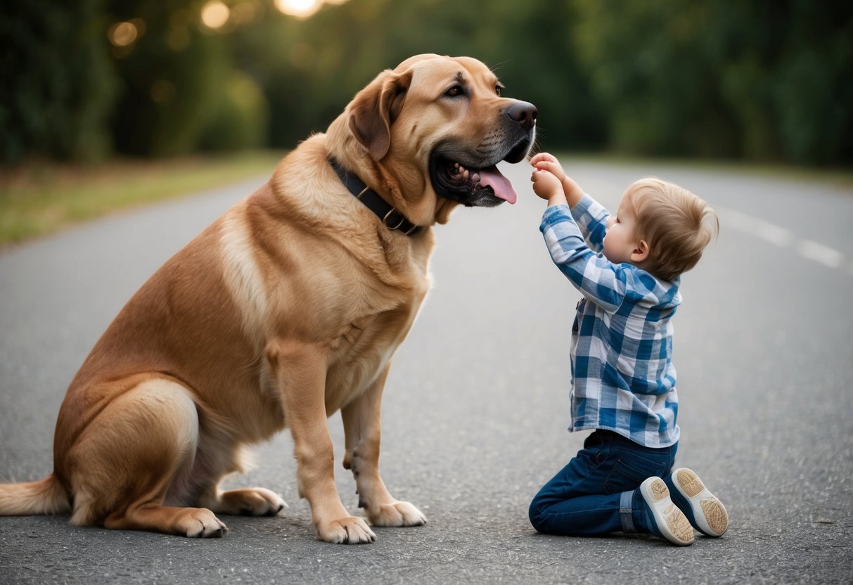 A large, patient dog sits calmly as a small child plays with its ears and tail, showing no signs of irritation or aggression
