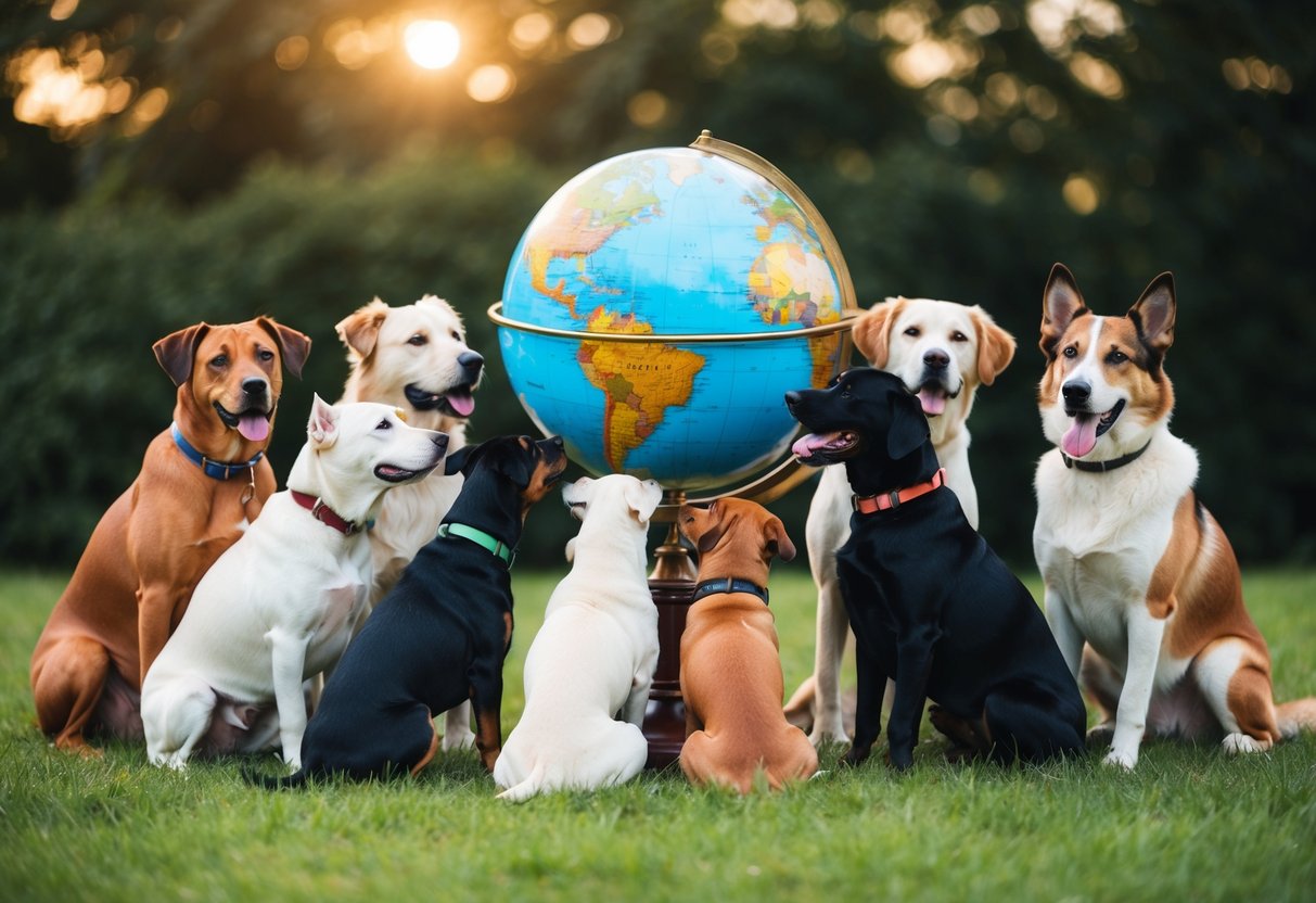 A pack of various dog breeds gather around a globe, with one breed standing out as the center of attention