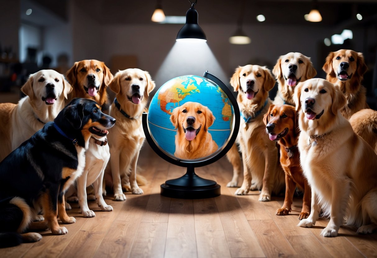 A pack of various dog breeds gather around a globe, with a spotlight shining on a golden retriever, suggesting its global popularity in 2024