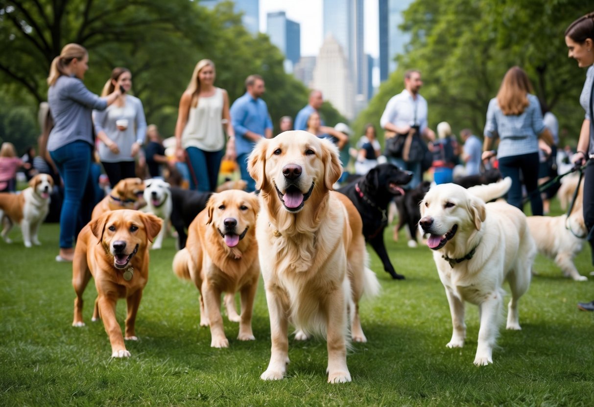 A crowded city park with various dog breeds, a golden retriever surrounded by people, other dogs playing in the background