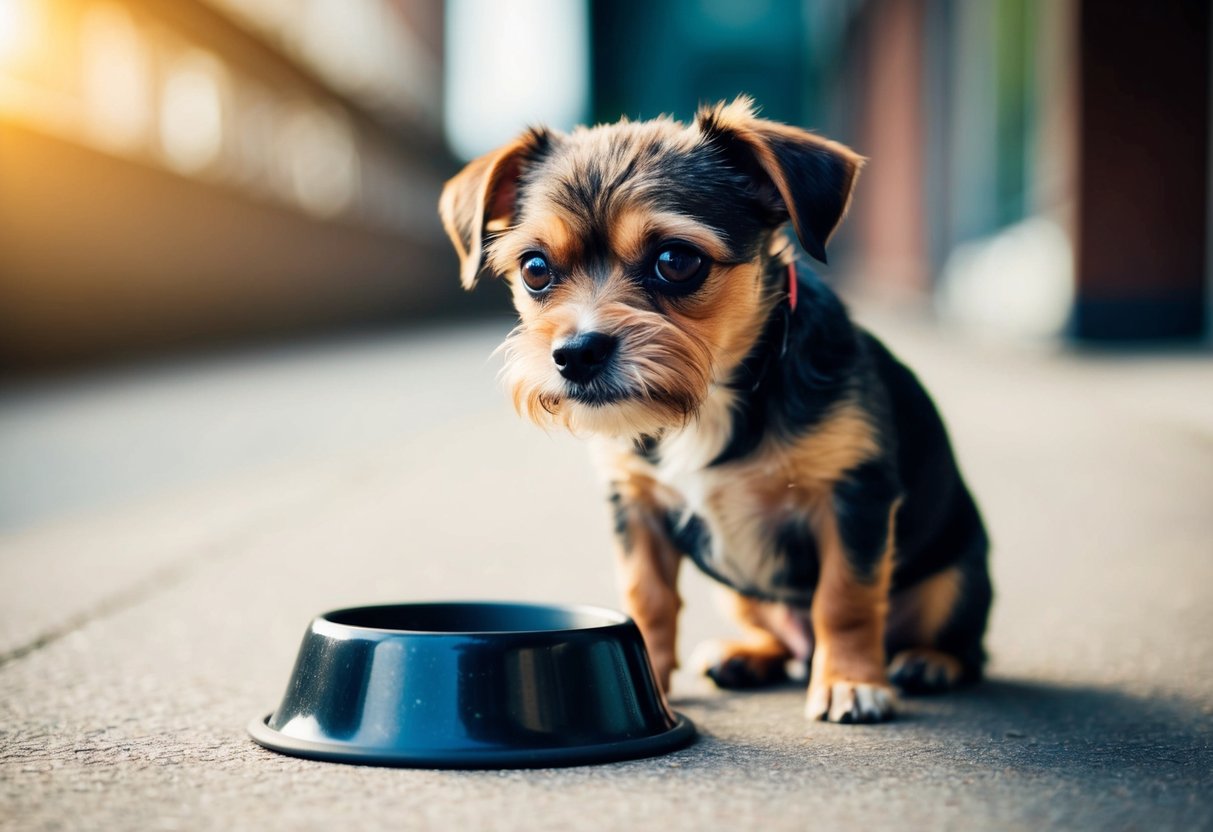 A small, scruffy dog with big, pleading eyes, sitting by an empty food bowl