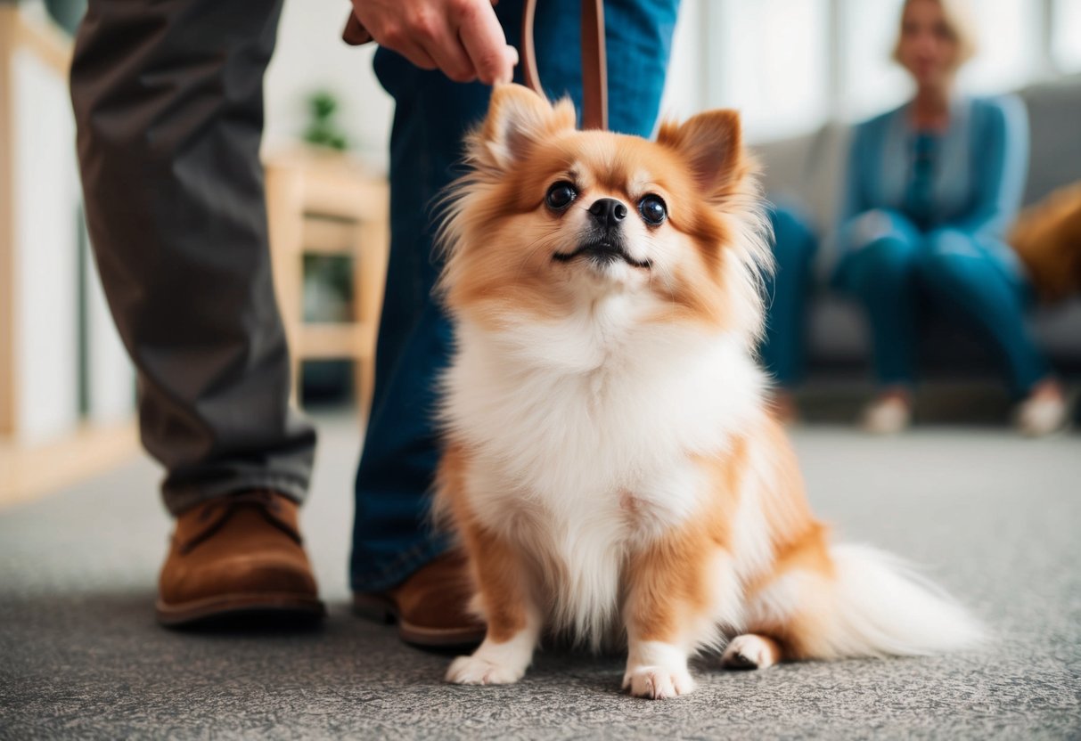 A small, fluffy Pomeranian dog sitting at the feet of its owner, looking up with big, pleading eyes