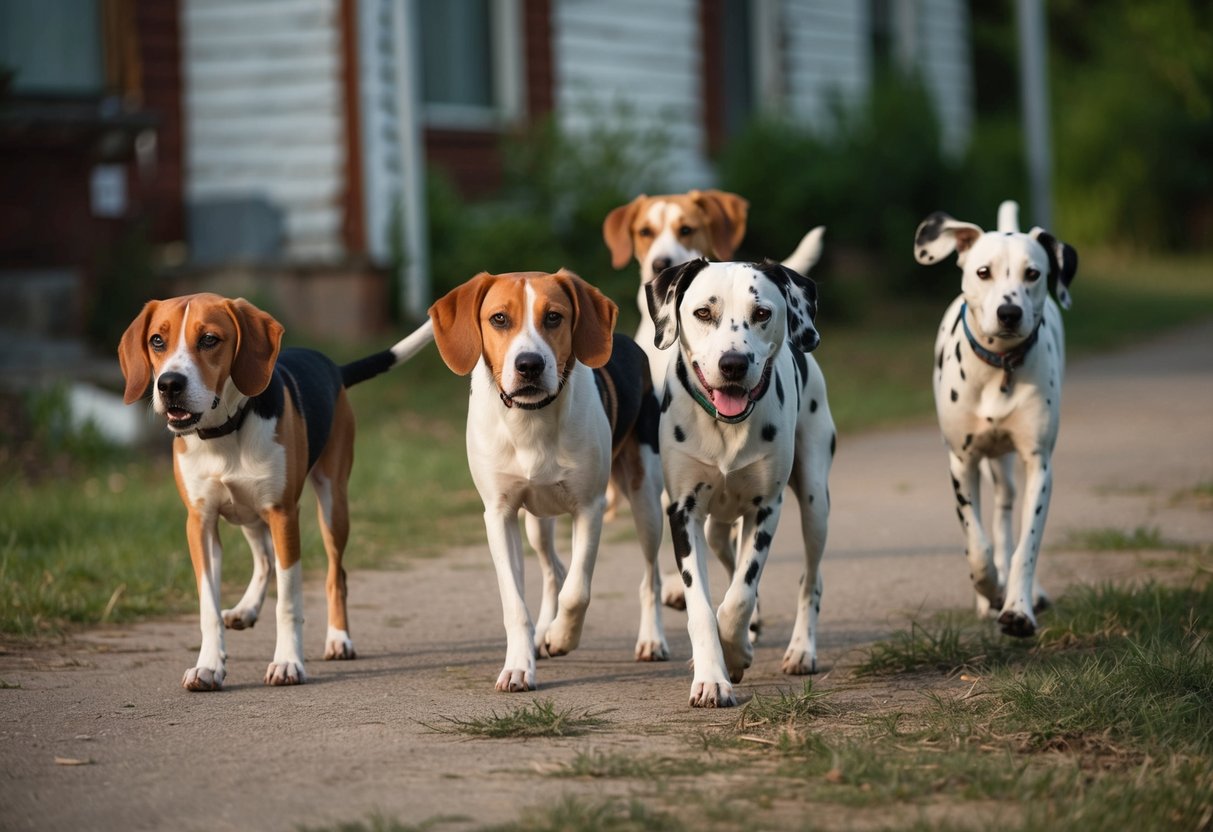 A pack of stray dogs, including a beagle and a dalmatian, wandering away from a neglected house