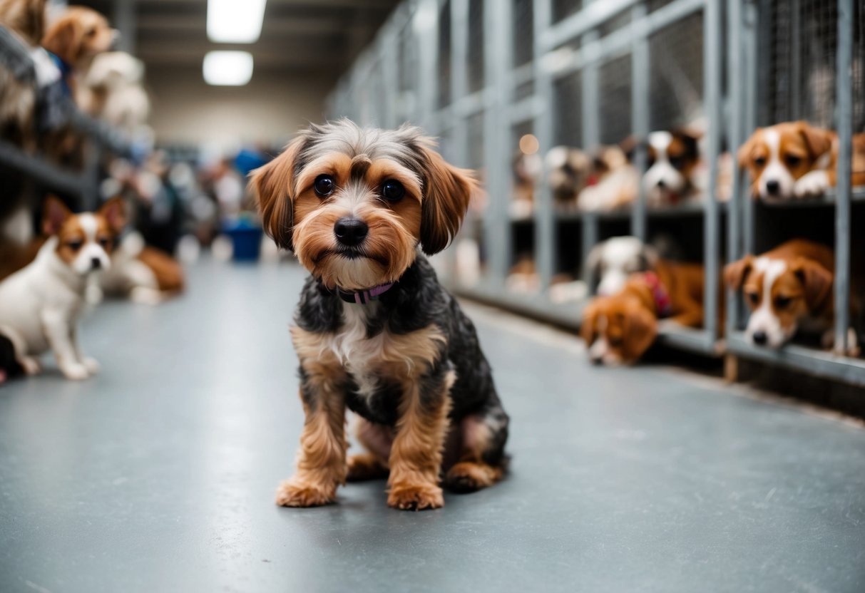 A small, shaggy dog with big, pleading eyes sits alone in a crowded animal shelter, looking forlorn and in need of love and care