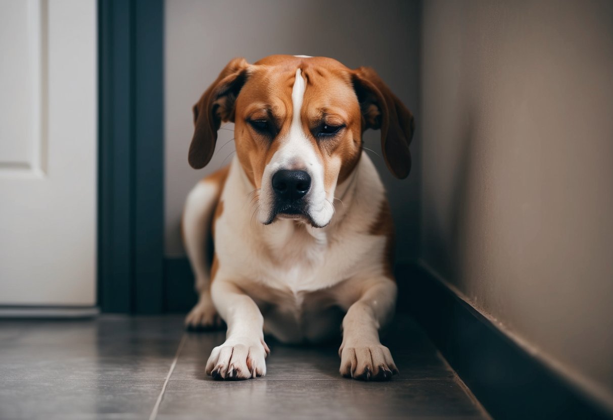 A sad-looking dog with a droopy expression, sitting alone in a corner with a forlorn gaze. Its body language conveys a sense of neediness and longing for attention