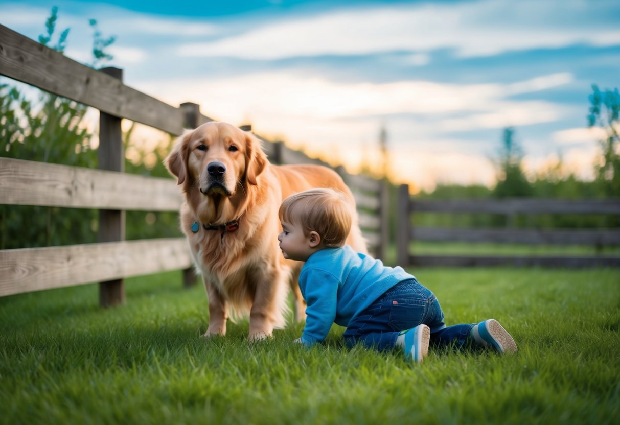A golden retriever stands watch over a sleeping child, surrounded by a secure fence and a peaceful, well-lit environment