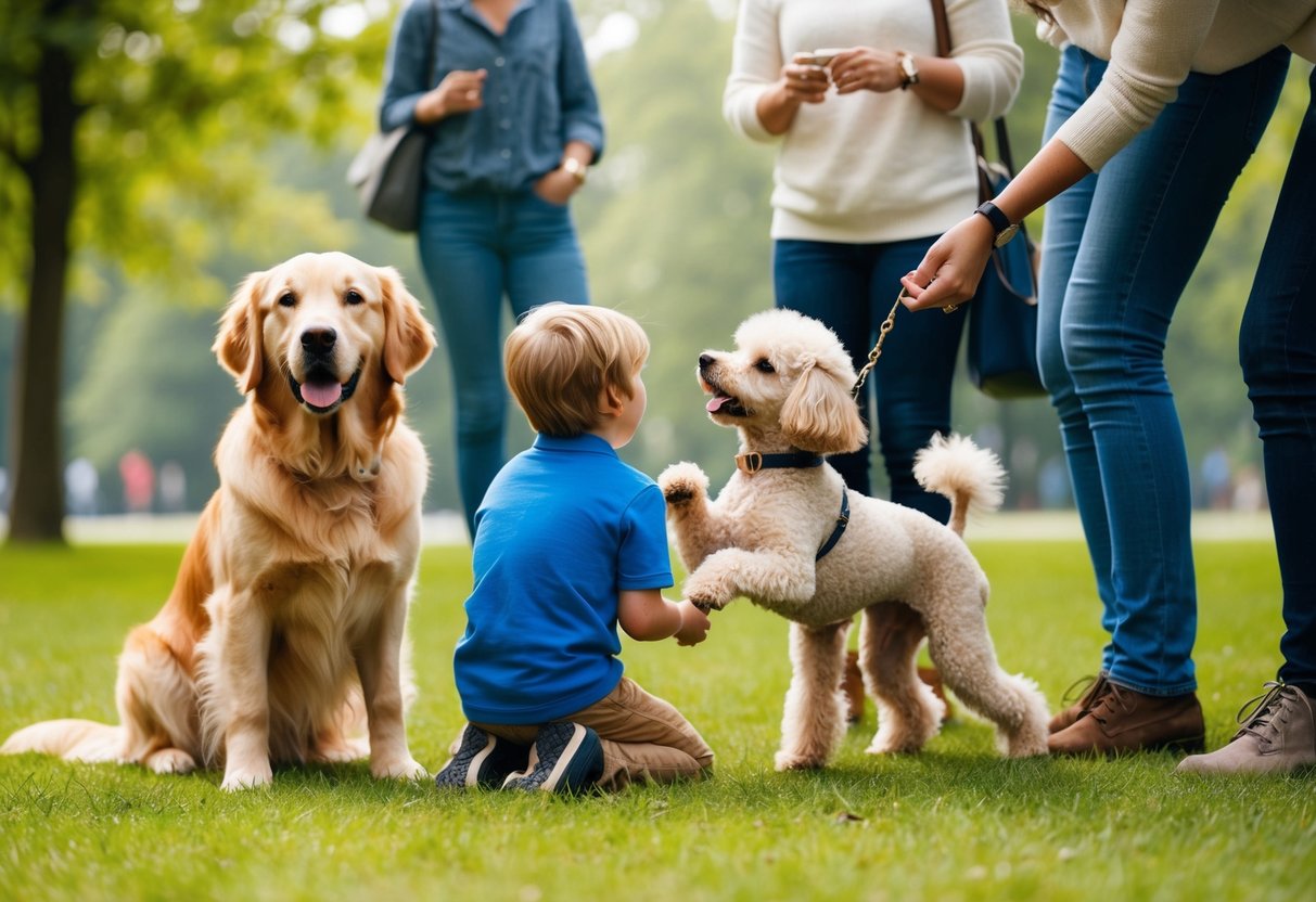 A golden retriever calmly sits beside a child, while a small poodle playfully interacts with a group of people in a park