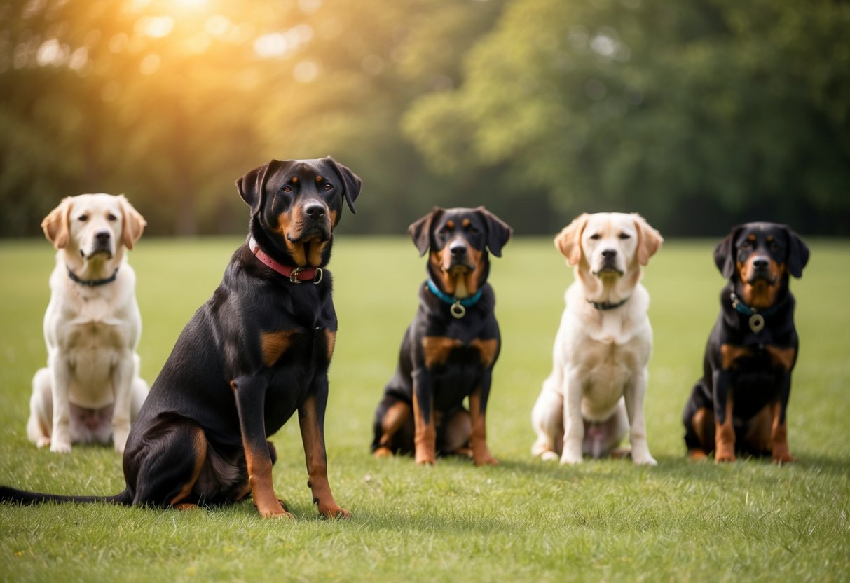 A disinterested dog sitting apart from a group of obedient canines during a training session