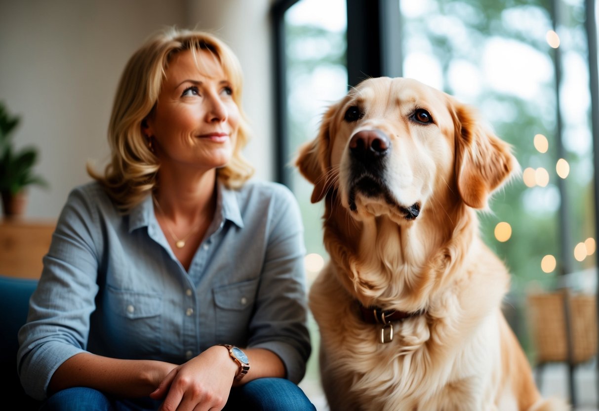 A golden retriever calmly sitting next to its owner, looking up with attentive eyes