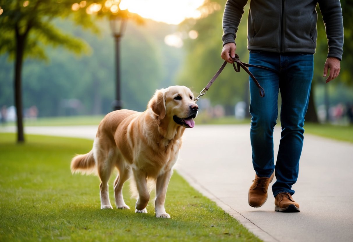 A golden retriever calmly walks beside a person on a leash in a peaceful park setting