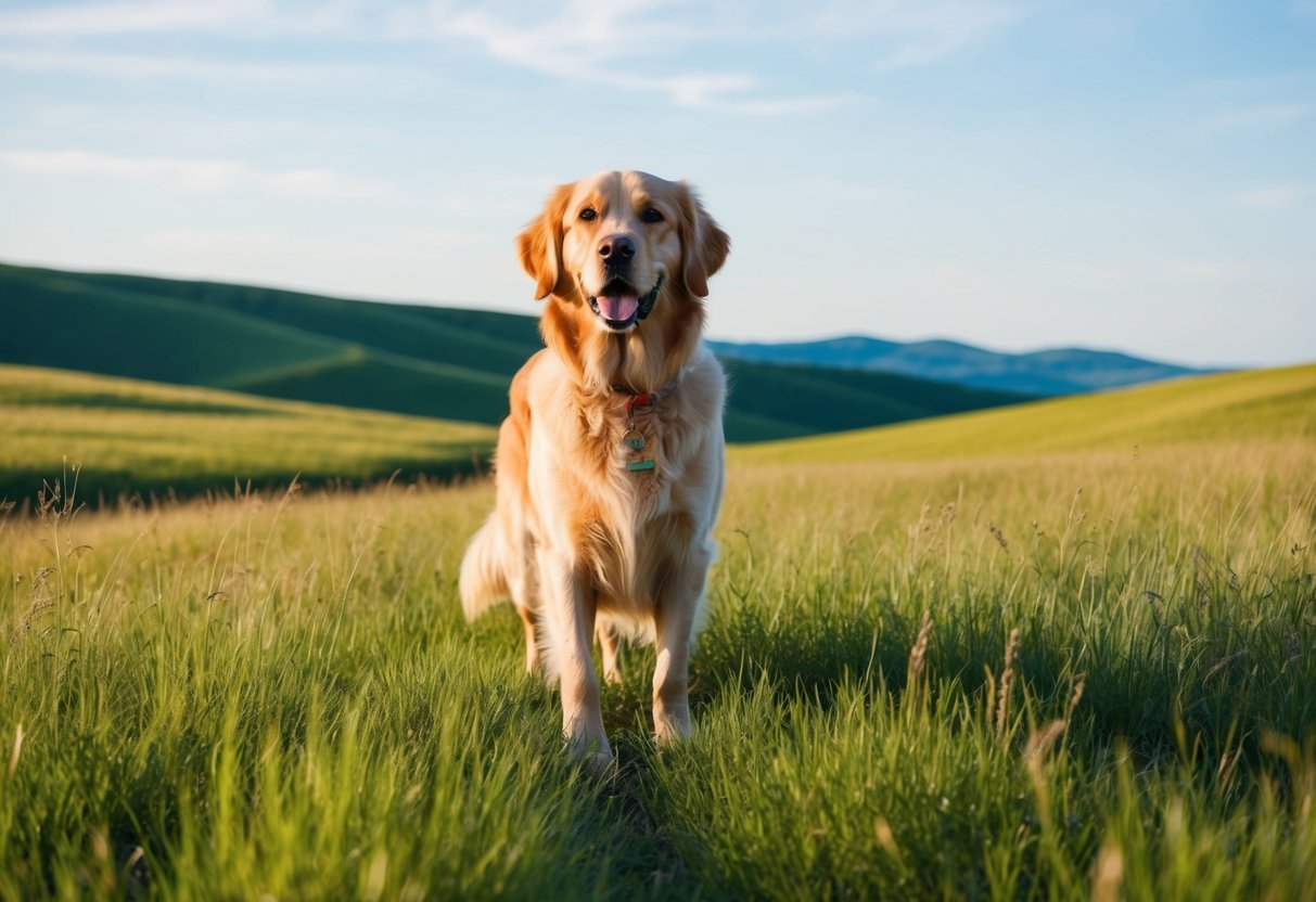 A golden retriever stands confidently in a peaceful meadow, surrounded by rolling hills and a clear blue sky
