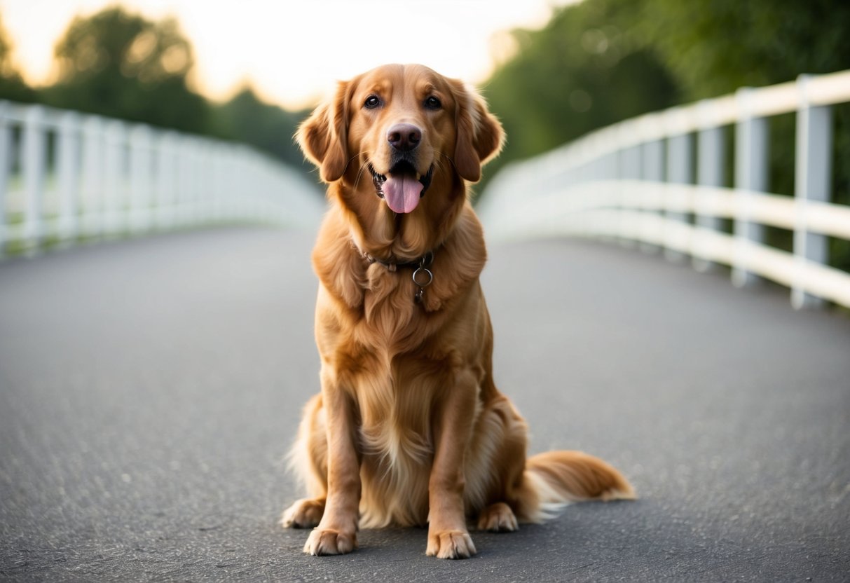 A golden retriever sitting attentively with ears up and tail wagging