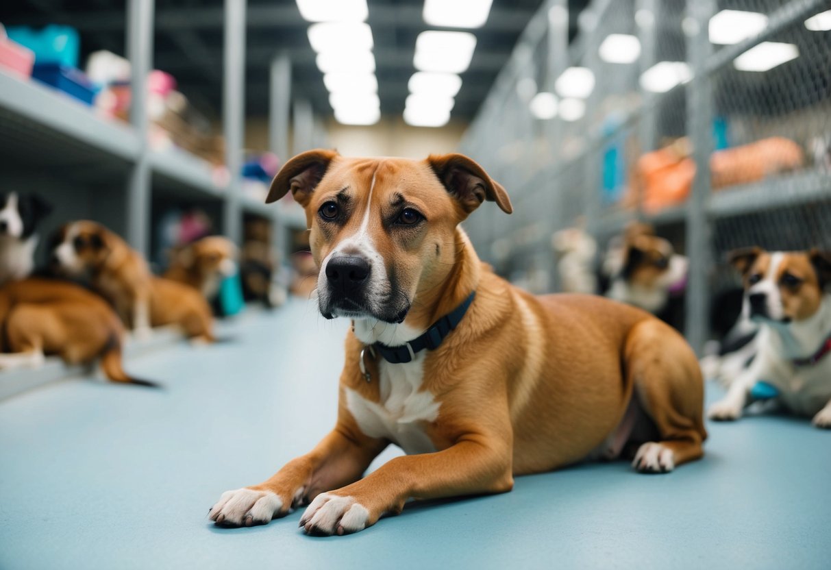 An abandoned dog with a sad expression, sitting alone in a crowded animal shelter