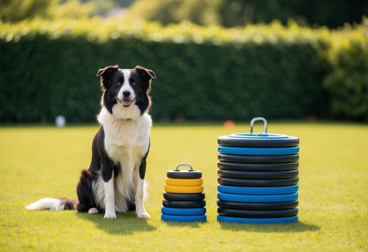 A Border Collie sits attentively beside a stack of perfectly aligned obedience training equipment in a spacious, sunlit training yard