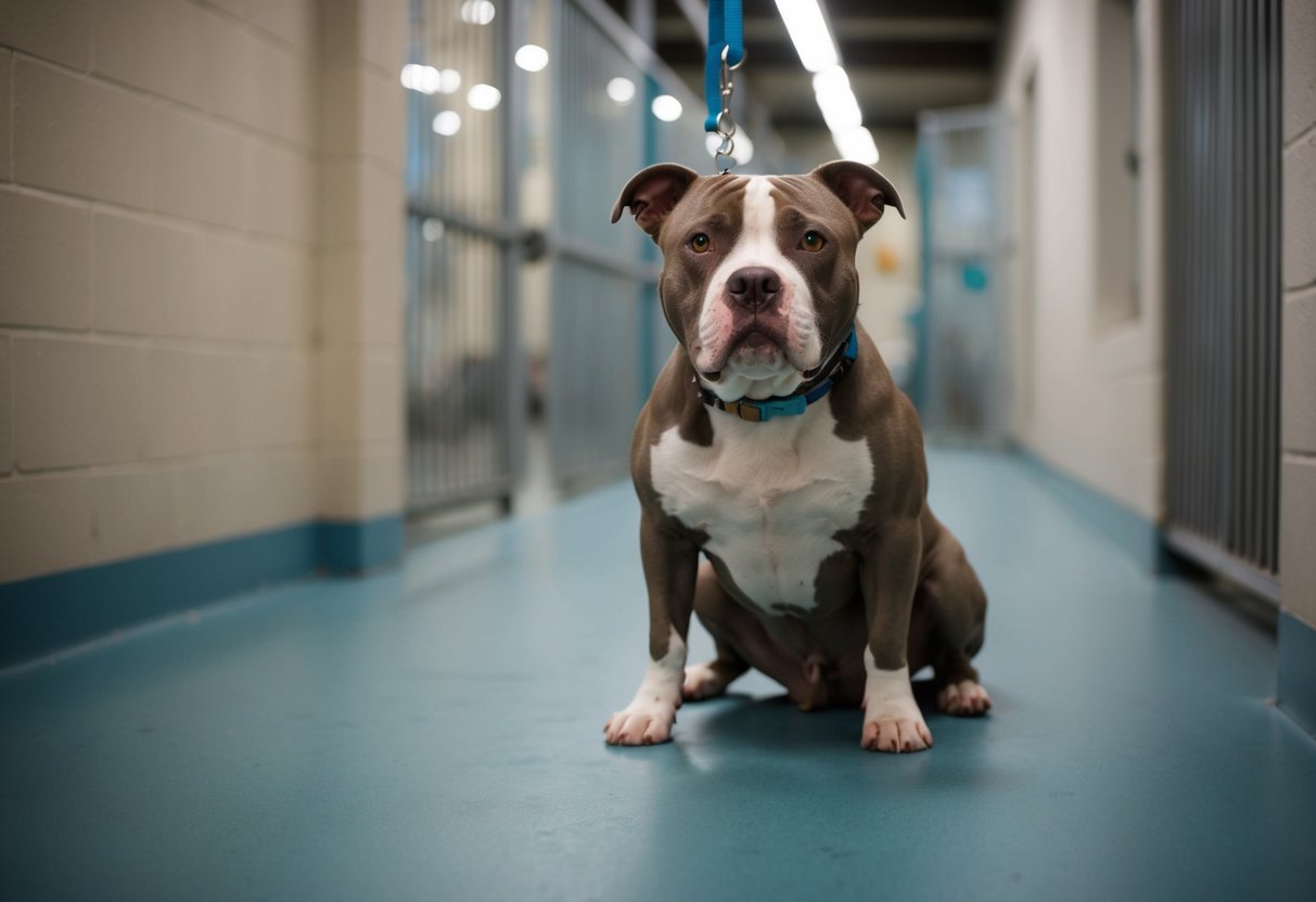 A pit bull sits sadly in a shelter, labeled as the most unwanted dog breed due to breed-specific legislation