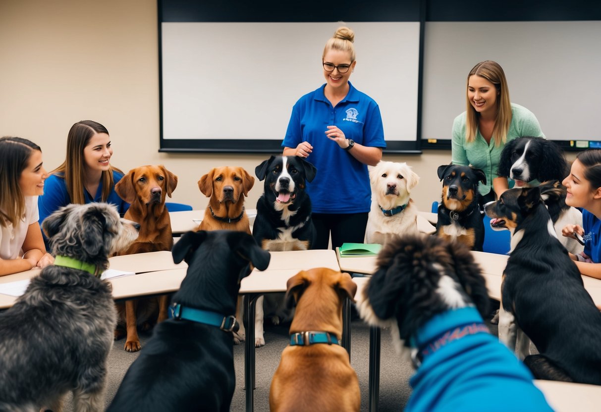 A diverse group of dogs of various breeds and sizes are gathered in a classroom setting, with a knowledgeable instructor teaching about responsible dog ownership and education