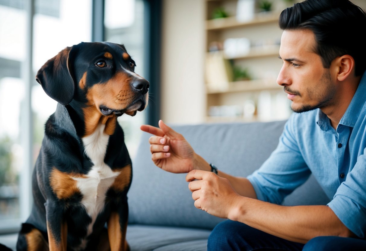 A well-behaved dog sitting attentively next to its owner, following commands with a focused expression