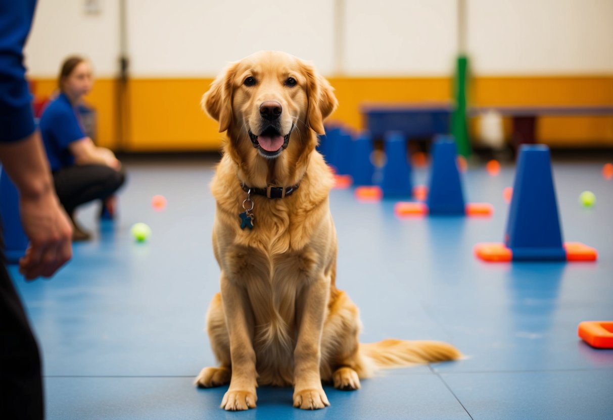 A Golden Retriever obediently follows commands in a training class, sitting on command with a focused expression