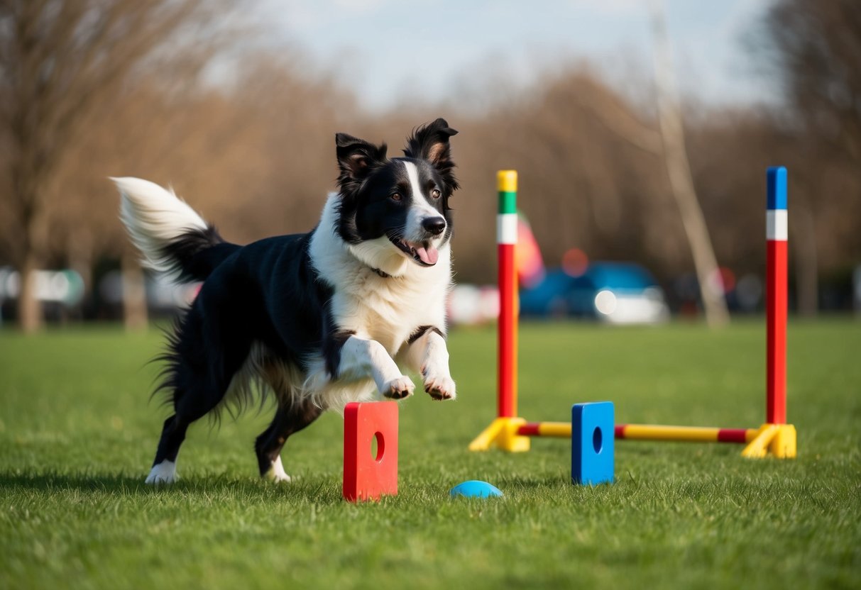 A Border Collie performing agility tricks in a park