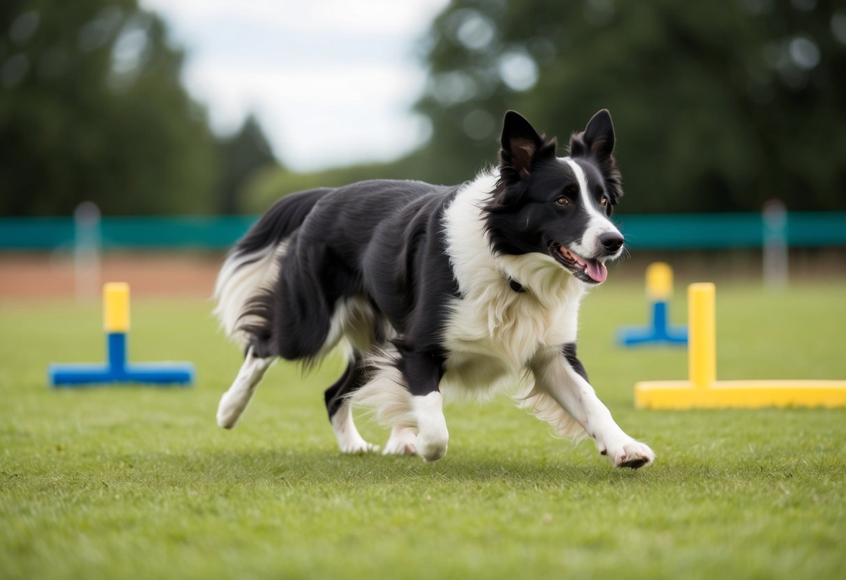 A border collie obediently performs agility exercises in a training field, showcasing its intelligence and trainability