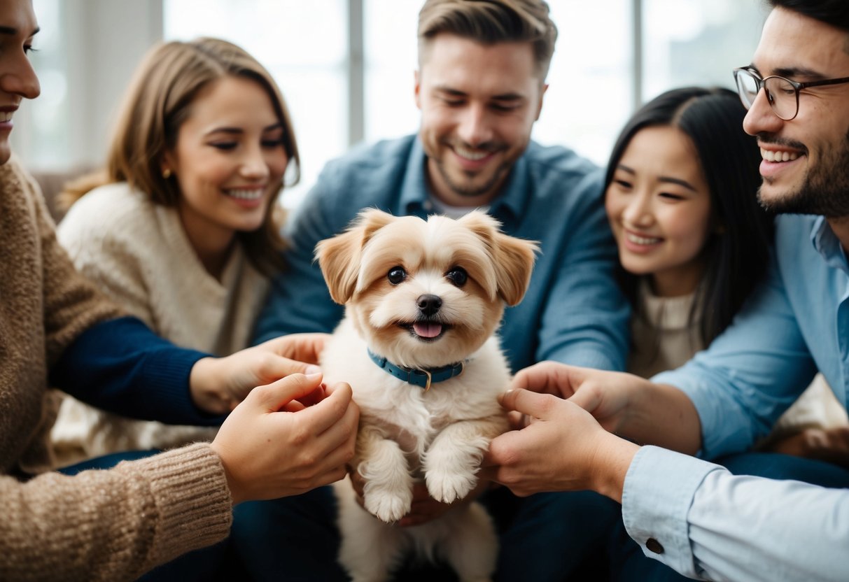 A small fluffy dog surrounded by adoring people, wagging its tail happily