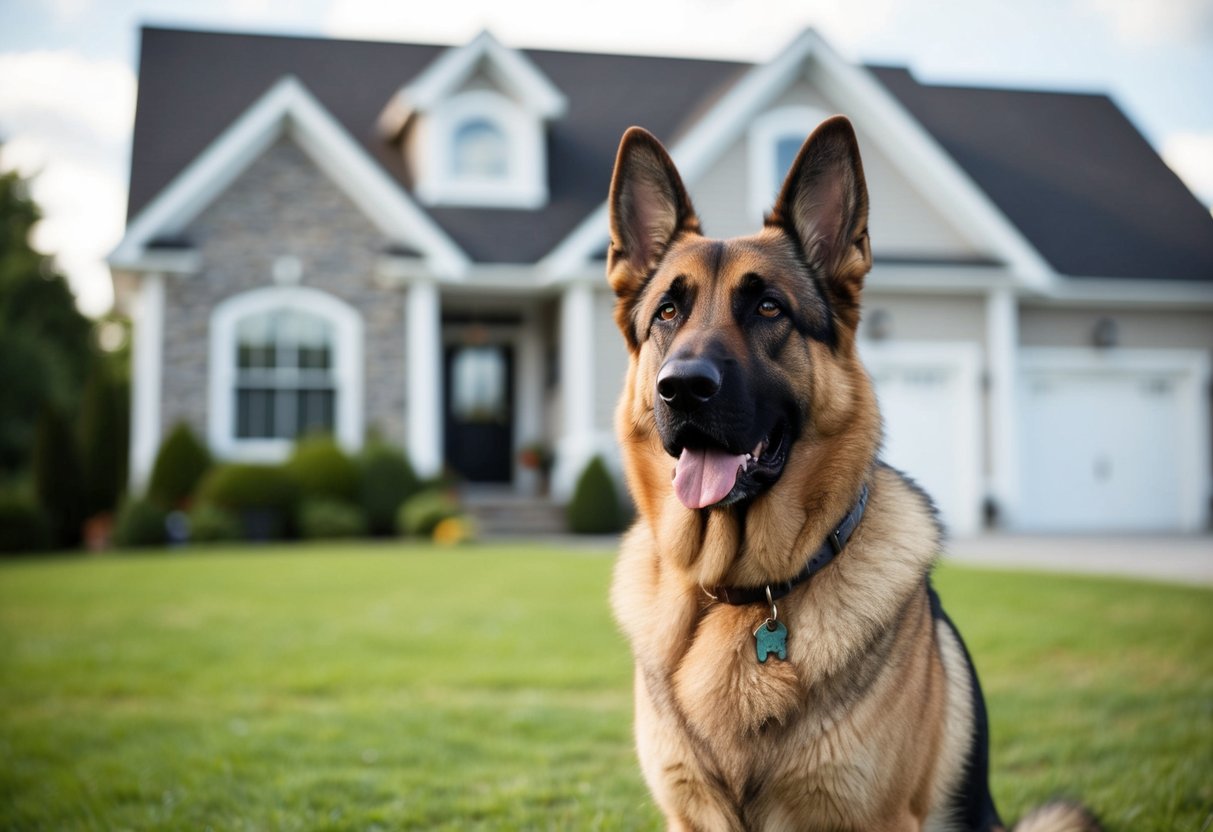A large, alert German Shepherd stands guard in front of a family home, looking out with a watchful expression, ready to protect