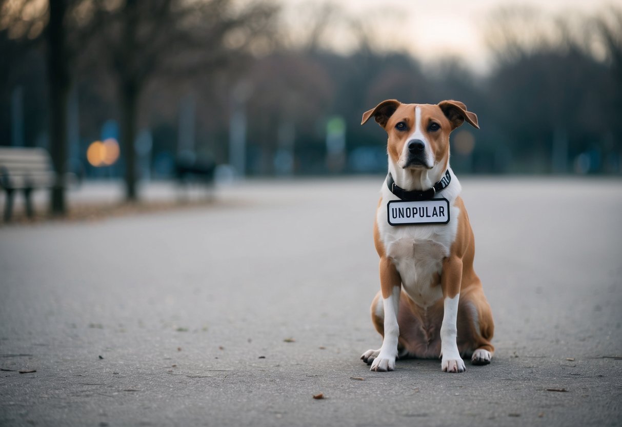A forlorn dog with a nametag reading "Unpopular" sits alone in a deserted park