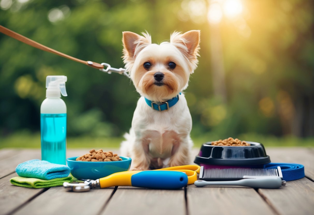 A small dog surrounded by various health and care items, such as a leash, grooming tools, and a bowl of food and water