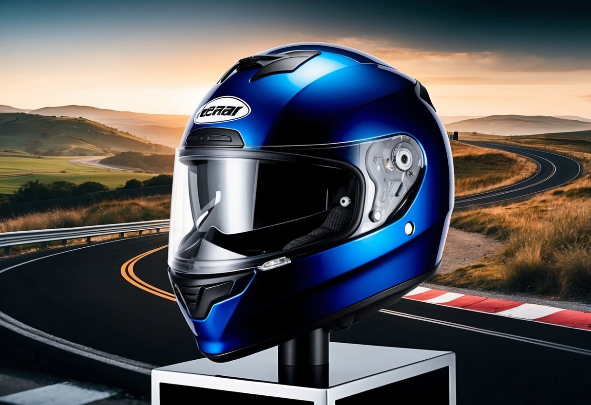 Um capacete de motocicleta exibido em um suporte elegante, com um fundo de uma estrada sinuosa e uma paisagem cênica.