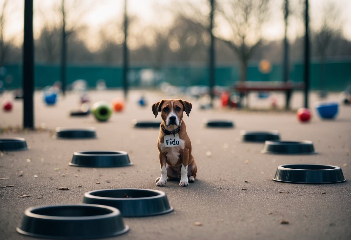 A deserted dog park with a single, forlorn pup wearing a nametag reading "Fido" amidst a sea of empty bowls and abandoned toys
