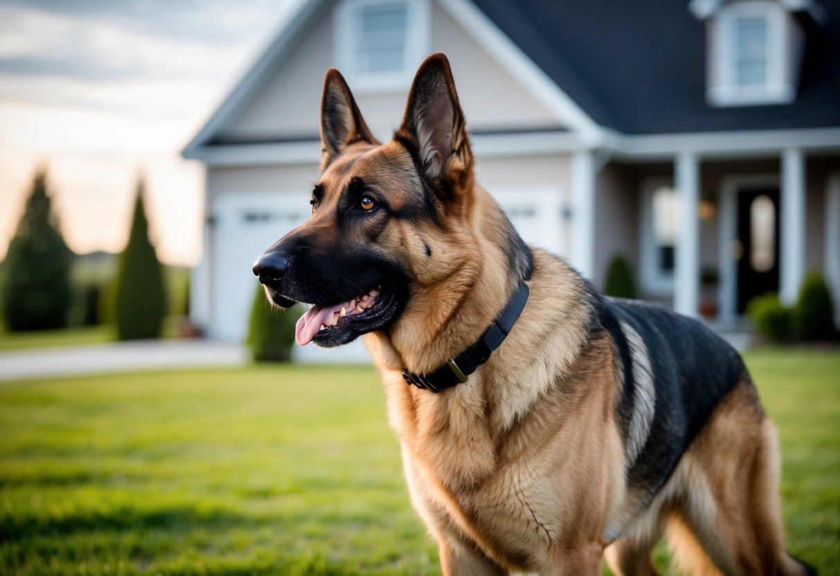 A large, alert German Shepherd stands guard in front of a family home, ears perked and eyes focused on the horizon