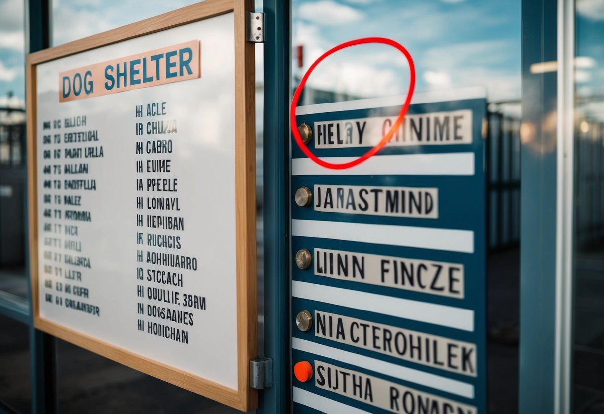 A dog shelter with a list of names on a whiteboard. The least chosen name is circled in red