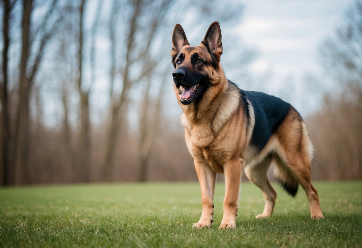 A large, imposing German Shepherd stands alert, ears perked and teeth bared, ready to defend its territory