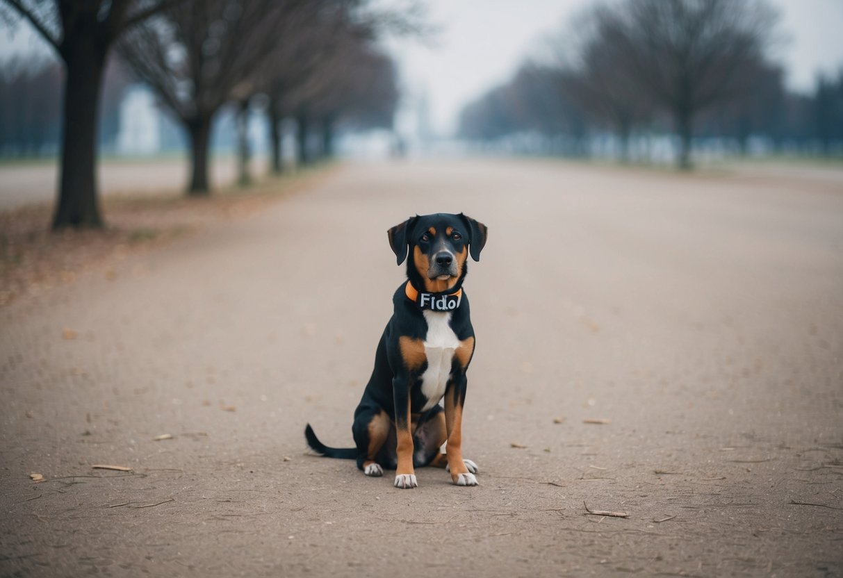 A lonely dog sits in a deserted park, its collar reading "Fido."