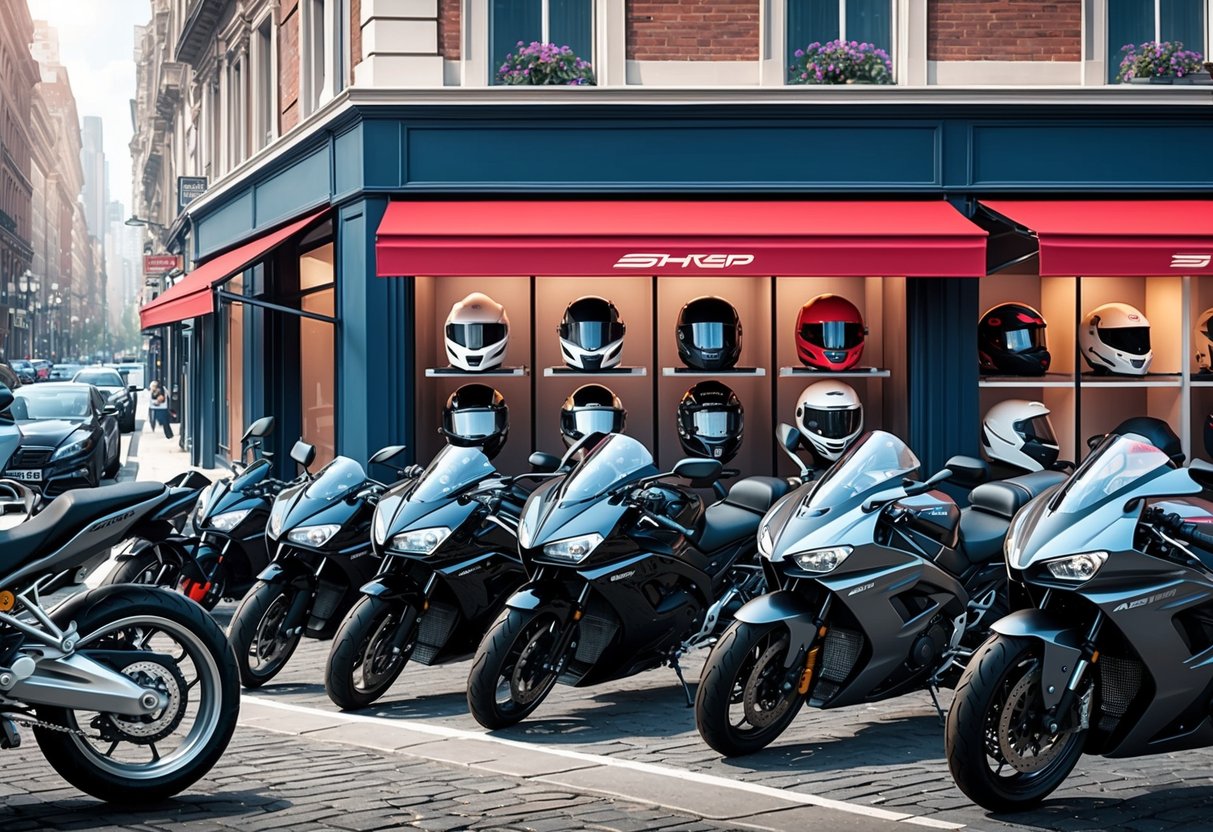 Uma rua movimentada da cidade com motocicletas estacionadas em frente a uma loja que exibe uma variedade de capacetes de motocicleta elegantes e estilosos.