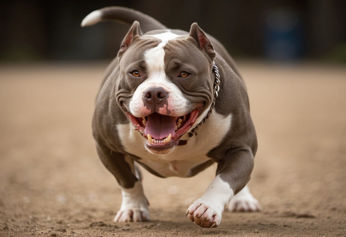 A snarling pit bull lunges forward, teeth bared, eyes fixed on its target