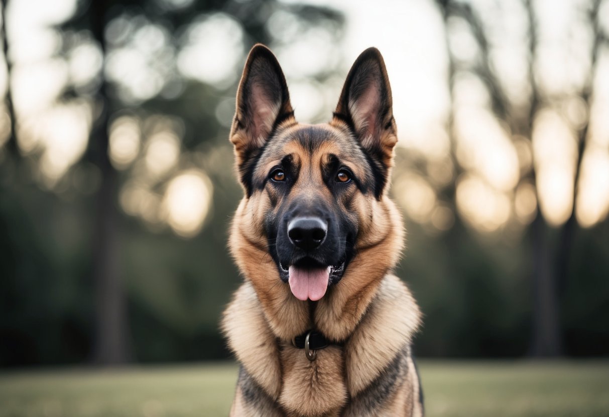 A stern-looking German Shepherd standing guard with a furrowed brow and alert ears