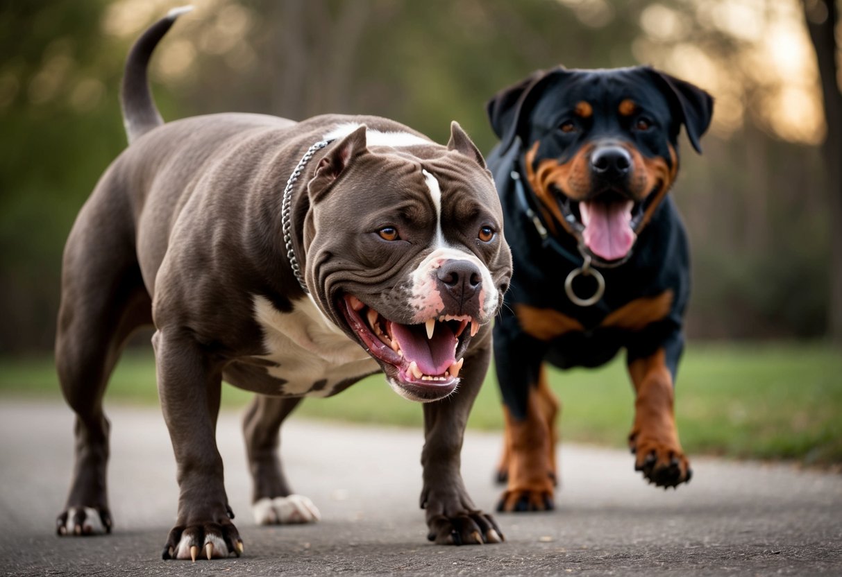 A snarling pit bull lunges forward, teeth bared, as a rottweiler barks aggressively in the background