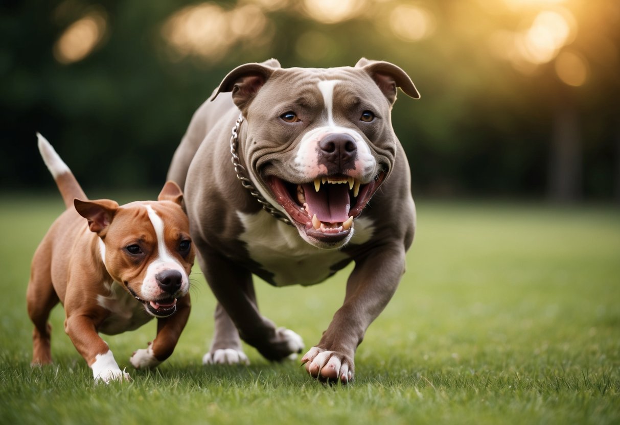 A snarling pit bull lunges forward, teeth bared, as a smaller dog cowers in fear