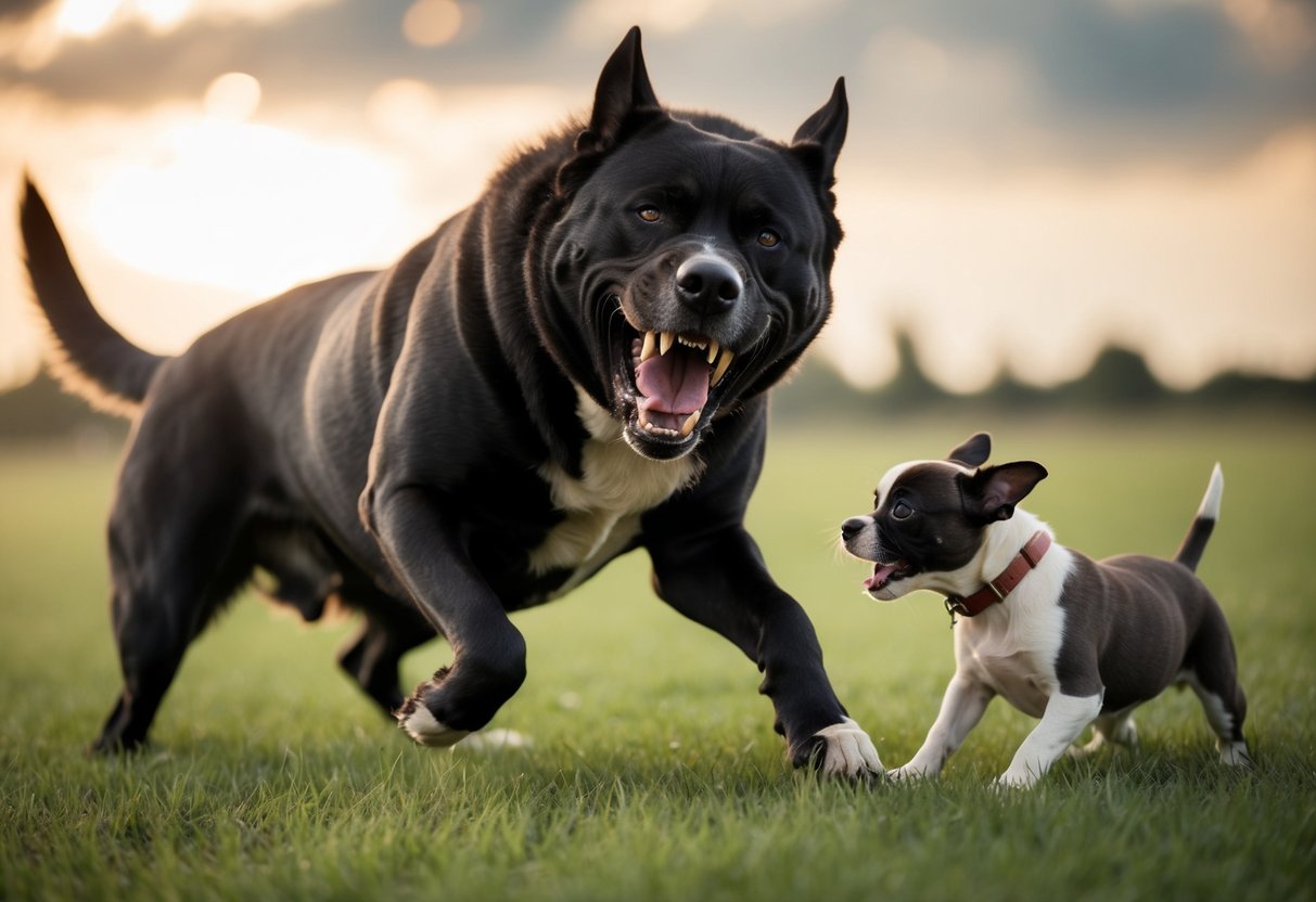 A large, aggressive dog lunges forward, baring its teeth and growling, while a smaller dog cowers in fear