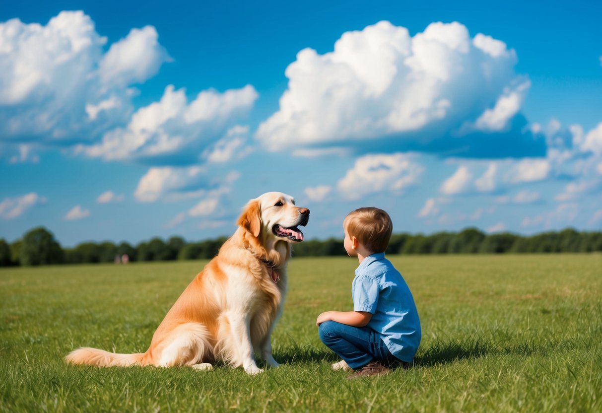 A golden retriever wagging its tail, sitting beside a child on a grassy field, under a bright blue sky with puffy white clouds