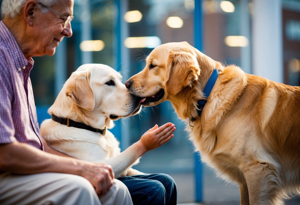 A Golden Retriever gently nuzzling a child's hand, while a Labrador sits patiently by a senior citizen's side