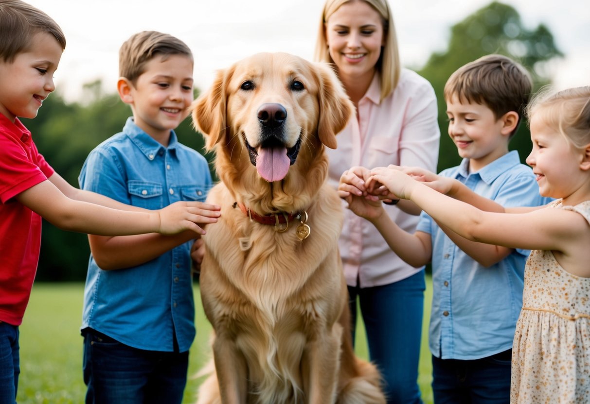 A golden retriever stands proudly with a wagging tail, surrounded by happy children and adults patting its fur