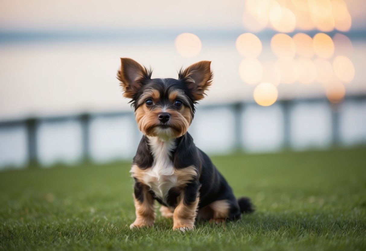 A small, well-behaved dog breed sitting calmly with a gentle expression, ears perked up and tail wagging